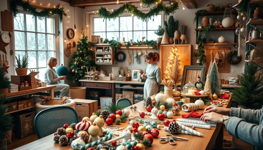 A cozy, well-lit craft studio filled with an assortment of holiday DIY materials. In the foreground, a wooden table showcases an array of ornaments, garlands, and festive trinkets. Hands carefully crafting unique, handmade decorations. The middle ground features shelves stocked with craft supplies, string lights, and a variety of holiday greenery. In the background, a large window floods the space with warm, natural light, hinting at a snowy winter landscape outside. An atmosphere of festive creativity and a sense of handmade charm permeates the scene.