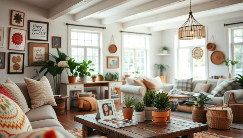 A cozy, well-lit home interior showcasing a range of budget-friendly DIY decor ideas. In the foreground, a neatly arranged vignette featuring repurposed furniture, handmade wall art, and vibrant throw pillows. The middle ground depicts a rustic coffee table adorned with a mix of potted plants and framed photography. The background reveals a bright, airy living room with a mix of natural textures, such as exposed beams and woven baskets, creating a warm and inviting atmosphere. Soft, diffused lighting from large windows and a stylish pendant fixture complement the overall serene and harmonious mood.