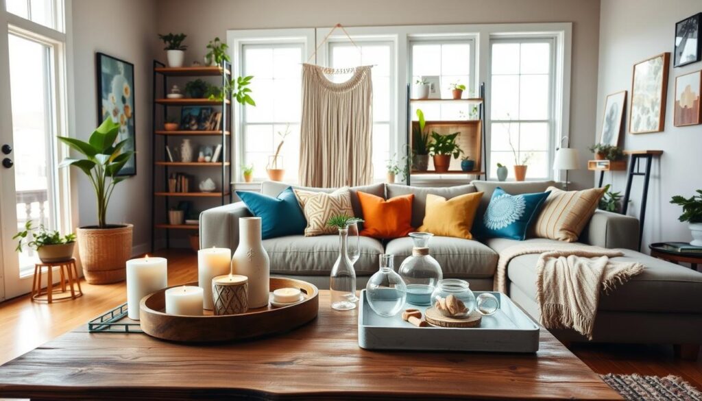 A cozy, well-lit living room showcasing a variety of DIY home decor projects. In the foreground, a rustic wooden coffee table displays an assortment of handcrafted candles, vases, and decorative trays. The middle ground features a plush sofa adorned with colorful throw pillows and a macrame wall hanging. The background reveals floor-to-ceiling windows, letting in natural light that illuminates a DIY shelving unit displaying potted plants, framed artwork, and other unique decor items. The overall atmosphere is warm, inviting, and inspirational, capturing the essence of simple yet effective DIY home improvement.