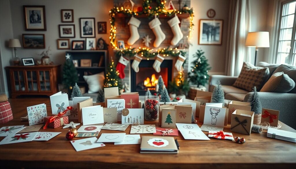A cozy, well-lit living room with a large wooden table in the foreground, adorned with an assortment of handmade Christmas cards, ribbons, and holiday trinkets. In the middle ground, a mix of framed photos, string lights, and small Christmas trees create a festive, homey atmosphere. The background features a warm, inviting fireplace with stockings hung above, casting a soft, golden glow throughout the space. The lighting is a perfect balance of natural and artificial, with soft, diffused illumination highlighting the textures and details of the DIY card display. The overall mood is one of joy, creativity, and the holiday spirit.