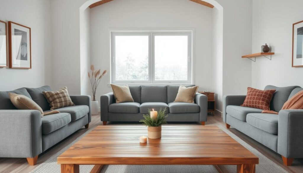 A cozy, well-lit living room with a minimalist aesthetic. In the foreground, a wooden coffee table stands bare, with a single potted plant and a small, unlit candle. Surrounding it, plush gray sofas and armchairs sit empty, their holiday throw pillows and blankets neatly folded and stacked. The middle ground features a large window, through which a snowy winter landscape is visible, bathed in soft natural light. On the walls, simple framed artwork and a few strategically placed shelves create a sense of balance and calm. The overall mood is one of serenity and simplicity, inviting the viewer to imagine a peaceful, decluttered space.
