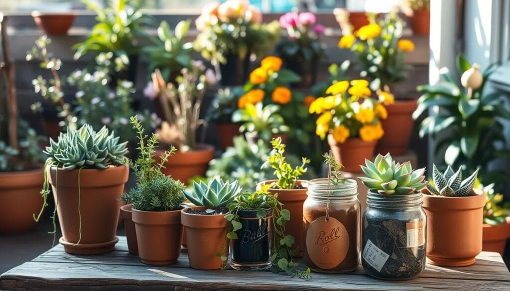 A cozy, well-lit outdoor scene featuring a selection of simple, affordable DIY planters. In the foreground, a variety of terracotta pots, mason jars, and repurposed household items are artfully arranged on a rustic wooden table or bench. The planters are filled with thriving succulents, trailing vines, and other low-maintenance greenery. The middle ground showcases a backdrop of lush, potted plants and seasonal flowering accents, creating a visually appealing and textured display. The lighting is warm and inviting, with natural sunlight filtering through the scene. The overall atmosphere is one of understated elegance and budget-friendly charm, perfectly complementing the "Budget-Friendly Decorating: Simple Yet Impactful Accents" theme.