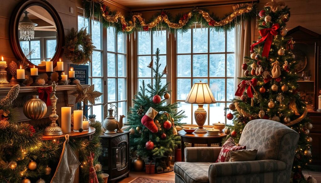A cozy, well-lit room filled with a variety of vintage holiday decorations. In the foreground, a beautifully decorated Christmas tree adorned with antique glass ornaments, tarnished tinsel, and handmade fabric garlands. On the mantelpiece, a collection of vintage-style candles, pinecones, and a weathered stocking. The middle ground features a plush vintage-patterned armchair and side table with a lamp emitting a warm, soft glow. In the background, a large window overlooks a snowy winter landscape, with icicle lights framing the scene. The overall atmosphere is one of nostalgia, comfort, and the charm of bygone holiday traditions.