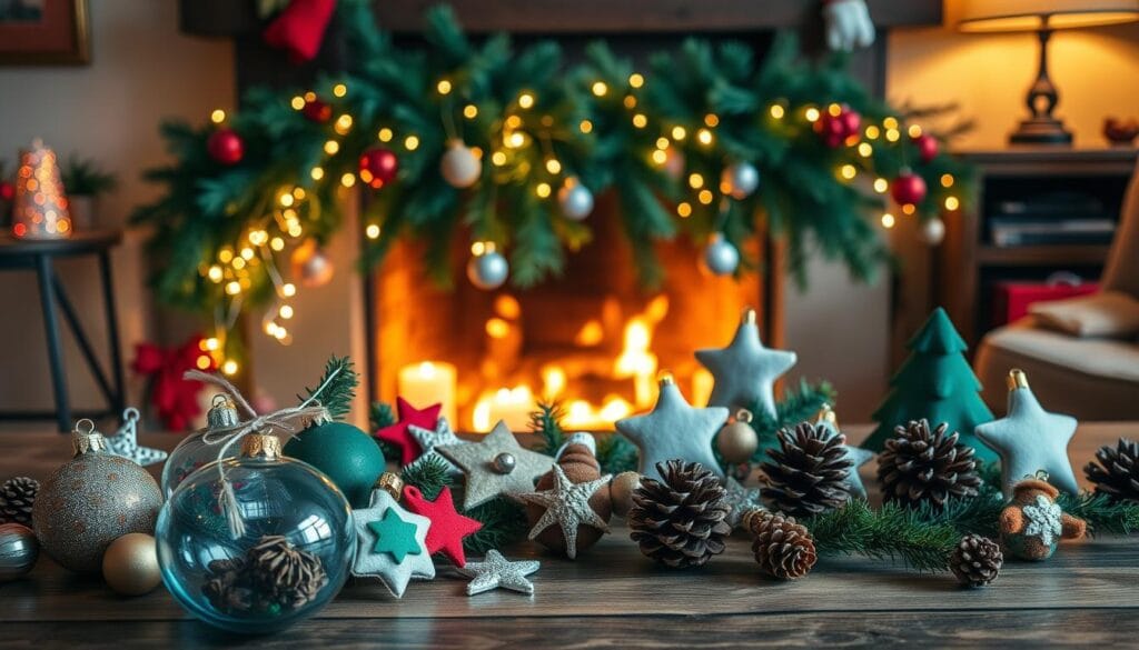 A cozy, well-lit room filled with handmade holiday ornaments displayed on a wooden table. In the foreground, an assortment of festive ornaments, including glass baubles, felt shapes, and pinecone accents, are arranged in a visually appealing composition. The middle ground features a garland of fresh evergreens, intertwined with twinkling string lights, cascading down the table's edge. The background showcases a warm, fireplace setting, casting a soft, golden glow throughout the scene. The overall atmosphere is one of homemade charm, creativity, and the spirit of the holiday season.