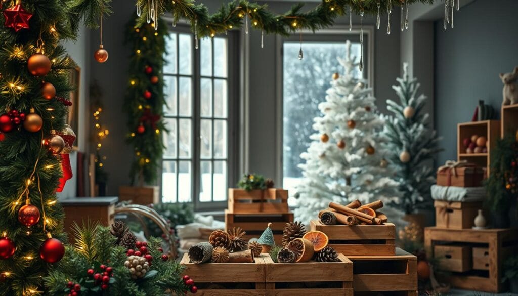 A cozy, well-lit studio filled with an assortment of festive holiday decorating materials. In the foreground, a collection of lush, verdant garlands, vibrant red and green ornaments, and twinkling string lights. In the middle ground, a stack of rustic wooden crates overflowing with pinecones, dried orange slices, and cinnamon sticks. The background features a large, snow-dusted window, casting a warm, golden glow over the scene, and a simple, minimalist white Christmas tree adorned with delicate glass icicles. The overall atmosphere is inviting, joyful, and brimming with holiday cheer, perfectly capturing the essence of effortless DIY home decor for a cozy Christmas.