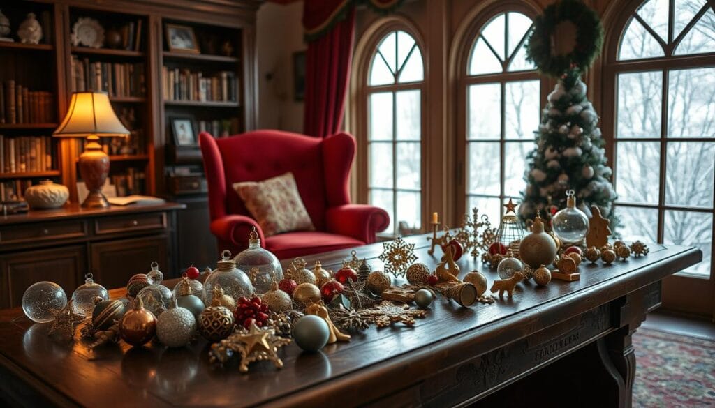 A cozy, well-lit study with a large, antique wooden table in the foreground, adorned with a collection of sentimental Christmas ornaments. The ornaments are diverse in shape, size, and material, ranging from delicate glass baubles to intricate handmade trinkets, each carrying a personal story. Soft, warm lighting casts a gentle glow, highlighting the ornaments' intricate details and the rich, wooden tones of the table. In the middle ground, a plush, red velvet armchair sits nearby, inviting the viewer to pause and reflect on the cherished memories these ornaments represent. The background features a large, arched window overlooking a snowy, winter landscape, adding to the serene, nostalgic atmosphere.