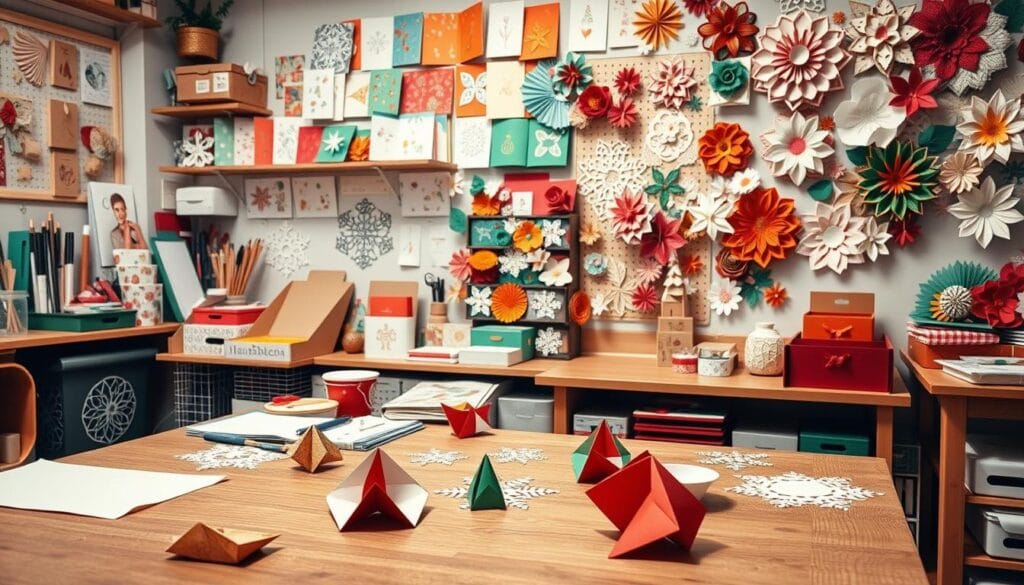 A cozy, well-lit workshop filled with a variety of neatly organized DIY paper craft supplies and tools. In the foreground, delicate origami shapes in festive colors like red, green, and gold take shape on a wooden work surface. In the middle ground, intricate paper cutting techniques are demonstrated, with intricate snowflake patterns and holiday-themed silhouettes. The background features a wall display showcasing an array of finished paper craft projects, including handmade greeting cards, decorative boxes, and elaborate paper flower arrangements. The scene conveys a sense of creativity, attention to detail, and the joy of crafting.