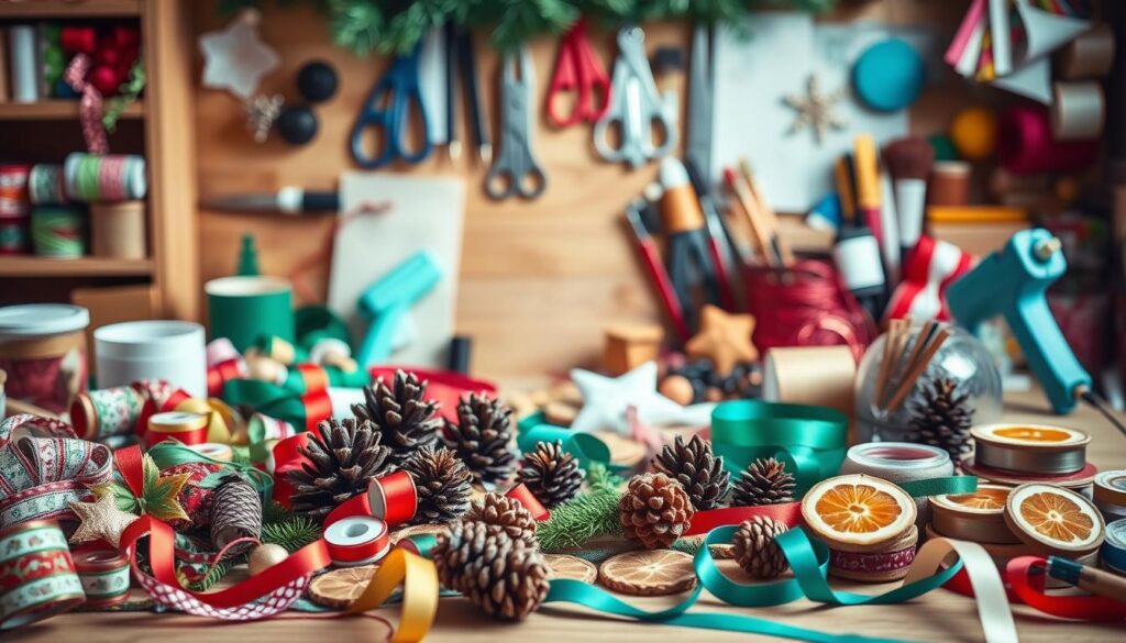 A cozy, well-lit workspace filled with an assortment of DIY holiday craft supplies. In the foreground, an array of colorful ribbons, spools of thread, and festive decorations like pinecones and dried citrus slices. In the middle ground, an assortment of craft tools like scissors, glue guns, and paint brushes. The background features a wooden table or surface with a soft, natural lighting that creates a warm, inviting atmosphere. The overall scene evokes a sense of creativity, inspiration, and the joy of handmade holiday decor.