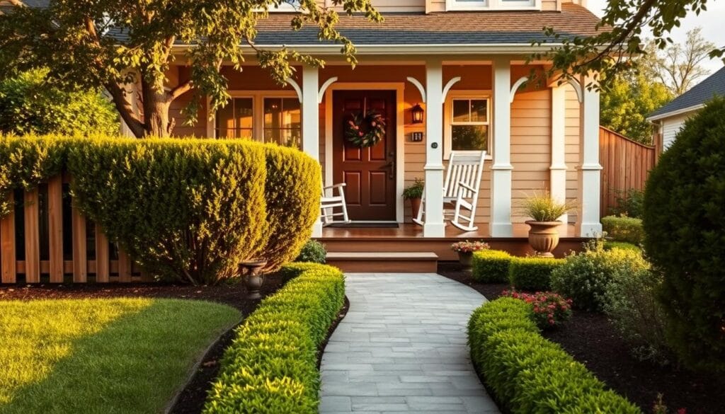 A cozy, well-manicured front yard with a freshly painted wooden fence, a neatly trimmed hedge, and a paved walkway leading to a charming front porch. The porch features a pair of rocking chairs and a decorative wreath on the door, creating an inviting and warm atmosphere. The landscaping is accented by vibrant flower beds and a few strategically placed potted plants. Soft, natural lighting illuminates the scene, casting a golden glow and highlighting the rich textures of the materials. The overall composition exudes a sense of curb appeal, making this home look well-cared for and ready to welcome visitors.