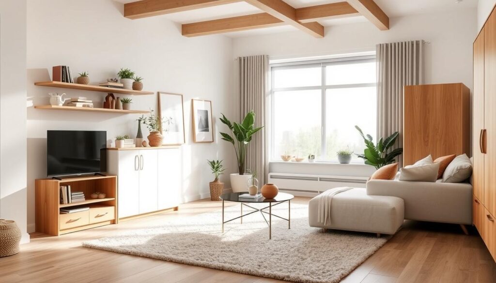 A cozy, well-organized living room with a minimalist aesthetic. The foreground features various storage solutions like floating shelves, modular storage units, and sleek cabinets in a warm wood tone. The middle ground showcases tasteful decor elements like potted plants, framed artwork, and a plush area rug in neutral hues. The background depicts a large window letting in abundant natural light, creating a bright and airy atmosphere. The overall mood is one of calm, zen-like simplicity, perfectly suited for the "Innovative Ways to Organize Your Living Room" section.