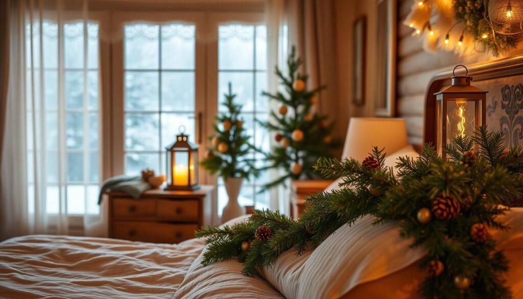 A cozy winter bedroom bathed in warm, soft lighting. In the foreground, a plush, neutral-toned bed adorned with lush greenery - evergreen boughs, pinecones, and delicate sprigs of mistletoe. The middle ground features a rustic wooden nightstand topped with a lantern, its flickering flame casting a golden glow. In the background, a large window looks out onto a snowy, serene landscape, framed by sheer, lace-trimmed curtains. The overall atmosphere is one of tranquility and natural beauty, inviting relaxation and comfort.