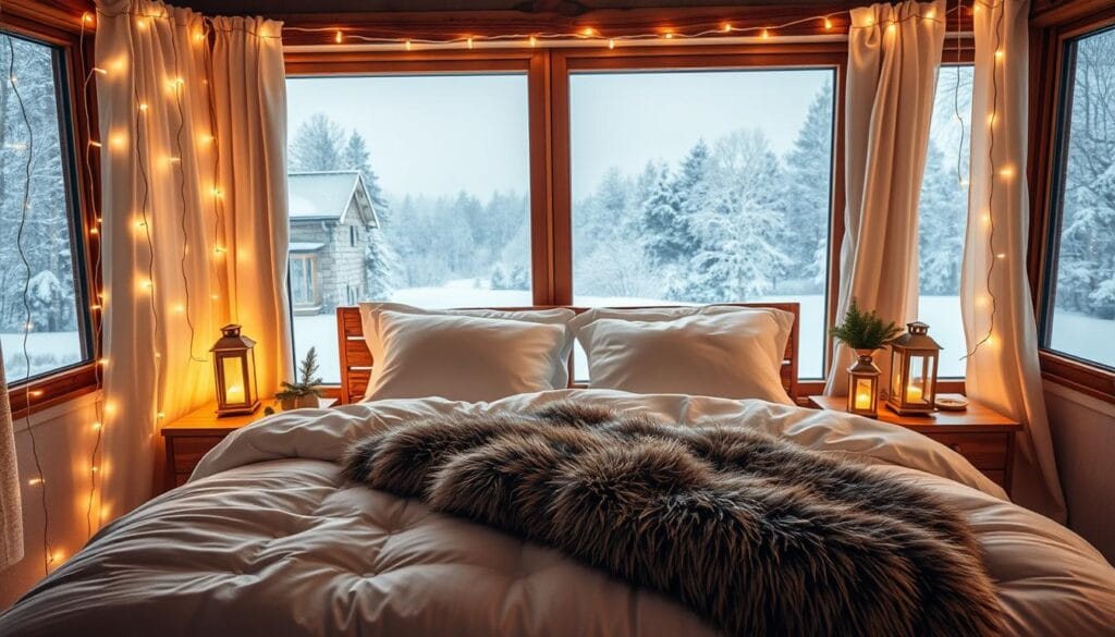 A cozy winter bedroom sanctuary, adorned with twinkling string lights casting a warm glow. In the foreground, a plush, snow-white duvet and a decorative fur throw invite you to sink into their comfort. Midground features a rustic wooden headboard and matching nightstands, topped with glowing lanterns and evergreen sprigs. The background showcases a large, frosty window overlooking a picturesque snowy landscape, framed by delicate sheer curtains. The overall atmosphere evokes a sense of peaceful tranquility, perfect for retreating from the chill outside and indulging in a cozy, hygge-inspired respite.