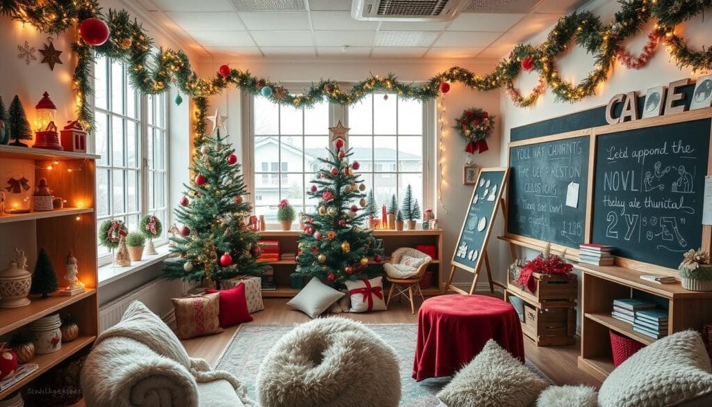 A cozy winter classroom adorned with twinkling fairy lights, snowflake garlands, and a festive tree in the corner. Vibrant ornaments and tinsel add pops of color, while plush throws and pillows create a warm, inviting atmosphere. The large windows let in soft, natural light, casting a serene glow over the scene. Shelves are adorned with ceramic figurines, snow globes, and other charming seasonal decor. An old-fashioned chalkboard stands in the background, its surface covered in hand-drawn holiday illustrations. The overall impression is one of whimsy, comfort, and holiday cheer, capturing the essence of a magical classroom transformation.