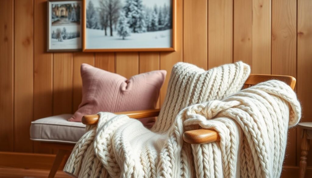 A cozy winter color palette with rich textures. In the foreground, a plush, ivory knit throw blanket draped over a wooden armchair. In the middle ground, a soft, dusty pink velvet cushion and a chunky, cable-knit pillow. In the background, a warm, earthy-toned wooden wall paneling, accented by a large, framed winter landscape painting. Soft, diffused lighting casts a gentle glow, creating a tranquil, inviting atmosphere. Subtle, natural shadows add depth and dimension. The overall mood is one of comforting, hygge-inspired winter elegance.