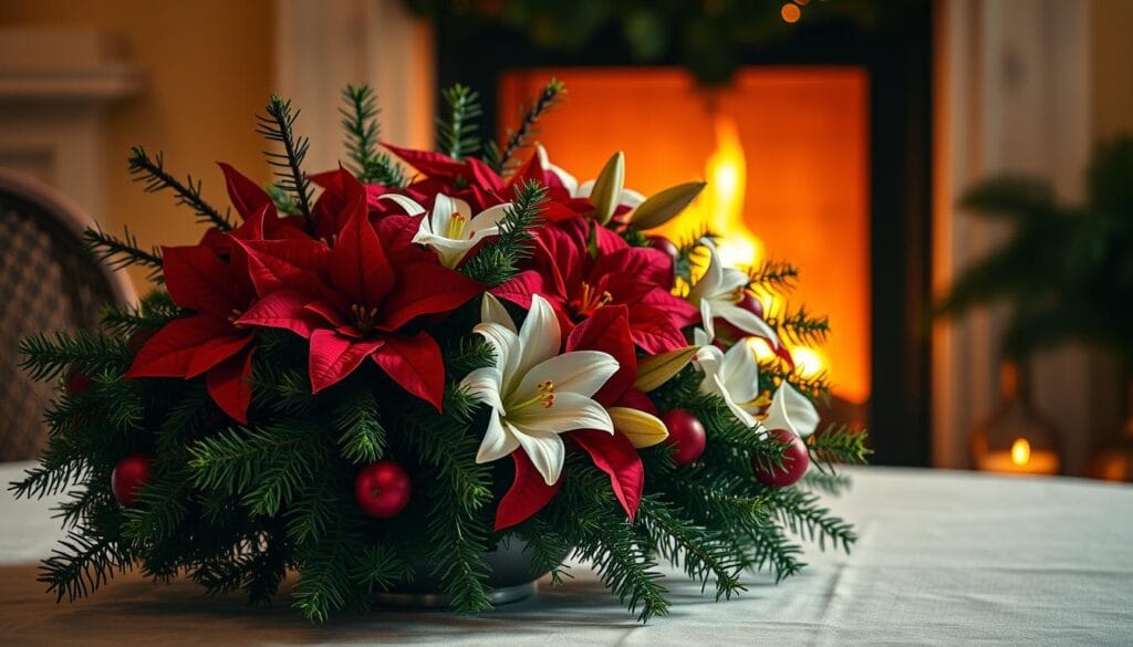 A cozy, winter floral arrangement composed of lush evergreen foliage, crimson poinsettias, and delicate white lilies. The arrangement is set against a soft, golden background, capturing the warm, inviting glow of a fireplace. Subtle, dramatic lighting illuminates the scene, casting gentle shadows and highlights on the flowers. The composition is balanced and visually harmonious, evoking a sense of festive elegance and holiday cheer. The overall mood is serene, sophisticated, and perfectly suited for a cozy, holiday dinner table setting.