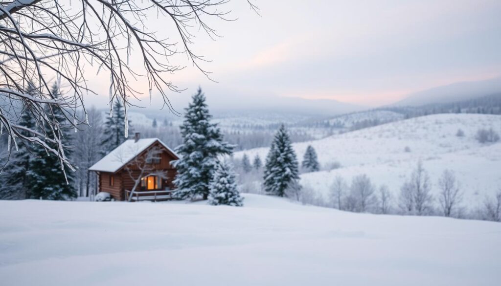 A cozy winter landscape with a soft, muted color palette. In the foreground, a thick layer of pristine snow covers the ground, with delicate icicles hanging from bare tree branches. In the middle ground, a rustic wooden cabin nestled among pine trees, its warm glow emanating through frosted windows. The background features rolling hills blanketed in a dusting of white, with a pale blue sky overhead, hinting at the arrival of the golden hour. Subtle highlights of silver, sage, and soft blues create a serene, tranquil atmosphere, embodying the essence of a winter-inspired retreat.