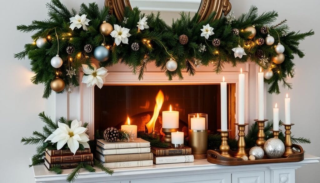 A cozy winter mantel adorned with a lush garland of fresh evergreens, pine cones, and delicate white poinsettias. Glistening glass ornaments and twinkling fairy lights cast a warm, magical glow. Tall tapered candles flicker softly, their flames reflected in the ornate gold-framed mirror above. Scattered around the mantel are stacks of vintage-inspired hardcover books, a cluster of rustic wooden candle holders, and a tray of glistening silver holiday trinkets. The overall scene evokes a sense of enchanting winter wonder, perfectly capturing the essence of the "Winter Wonderland Mantel Magic" theme.