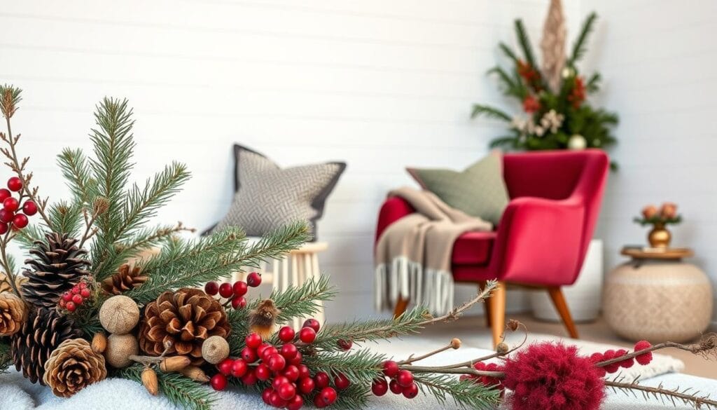 A cozy winter palette of sage and cranberry tones, with a soft, warm lighting illuminating a textural array of lush velvet, knitted wool, and plush fur accents. In the foreground, an arrangement of varied botanical elements - pinecones, dried berries, and sprigs of evergreen - create a harmonious still-life scene. The middle ground features a stylish, mid-century modern armchair upholstered in a rich, jewel-toned velvet, complemented by a woven throw blanket and decorative accent pillows. In the background, a minimalist, white-washed wall provides a clean, gallery-like backdrop, allowing the seasonal color palette and textural details to take center stage.