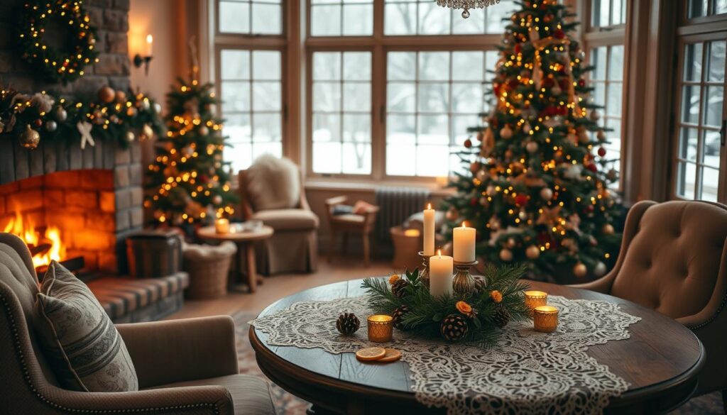 A cozy winter scene filled with classic holiday themes. In the foreground, a crackling fireplace surrounded by plush armchairs and a twinkling Christmas tree adorned with vintage glass ornaments. In the middle ground, a rustic wooden table set with a lace tablecloth, candles, and a centerpiece of pinecones, holly, and dried citrus slices. The background features a snowy landscape visible through a large window, bathed in the warm glow of soft, golden lighting. The mood is one of timeless elegance and cherished traditions, capturing the essence of a memorable holiday celebration.