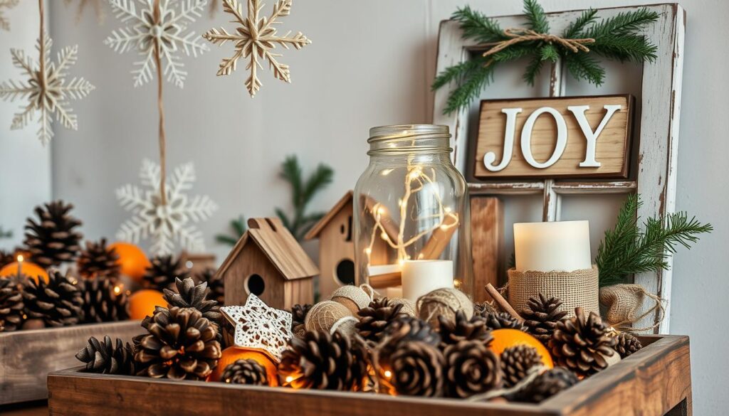 A cozy winter scene filled with repurposed, eco-friendly decor items. In the foreground, a rustic wooden crate overflows with pinecones, dried orange slices, and cinnamon sticks, casting a warm, spicy aroma. Behind it, a cluster of handcrafted snowflakes made from recycled book pages hang from twine, gently swaying in the soft, diffused lighting. In the middle ground, a vintage glass jar filled with battery-operated fairy lights illuminates a collection of wintry trinkets - a wooden birdhouse, a felted acorn garland, and a burlap-wrapped candle. In the background, a weathered window frame adorned with evergreen sprigs and a simple "JOY" sign sets the mood for a cozy, homespun winter decor display.