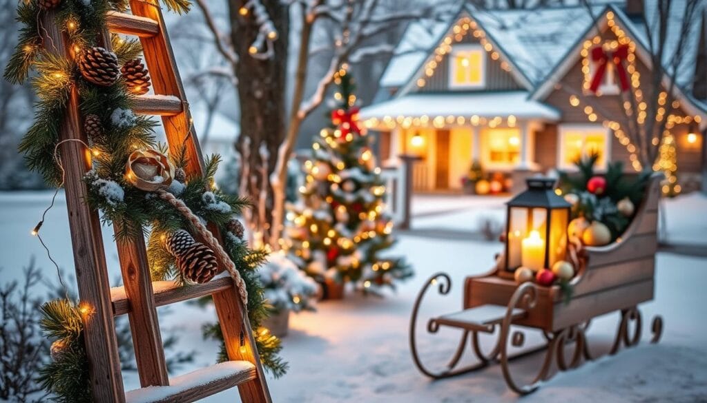 A cozy winter scene of DIY outdoor holiday decorations, illuminated by soft, warm lighting. In the foreground, a rustic wooden ladder adorned with garlands, pine cones, and twinkling fairy lights. In the middle ground, a handcrafted wooden sleigh filled with seasonal greenery, ornaments, and a large, glowing lantern. In the background, a snowy landscape with a quaint country house, its windows glowing with a festive ambiance. The overall composition evokes a sense of whimsical charm and the magic of the holiday season, inviting viewers to imagine themselves in this charming winter wonderland.