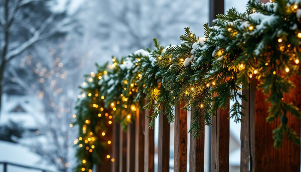 A cozy winter scene with a lush, verdant garland cascading over a rustic wooden railing, adorned with a dazzling array of twinkling fairy lights. The foreground is filled with a warm, inviting glow, while the background features a softly blurred landscape blanketed in a gentle snowfall. The composition emphasizes the interplay of organic, natural elements and the enchanting radiance of the festive lighting, creating a magical, welcoming atmosphere. Captured with a wide-angle lens to showcase the full breadth of the enchanting display, the image conveys the joy and wonder of the holiday season.