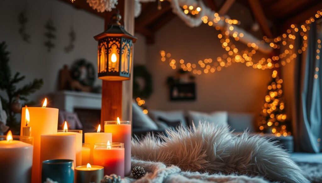 A cozy winter scene with a warm, inviting ambiance. In the foreground, a collection of flickering candles of various shapes and sizes cast a soft, golden glow, their flames dancing gently. In the middle ground, an ornate lantern hangs from a wooden beam, its warm light spilling out onto a plush, sheepskin rug. In the background, delicate fairy lights are draped across the ceiling, creating a twinkling, starry effect that illuminates the room. The overall atmosphere is one of hygge and comfort, perfect for a cozy winter evening at home.