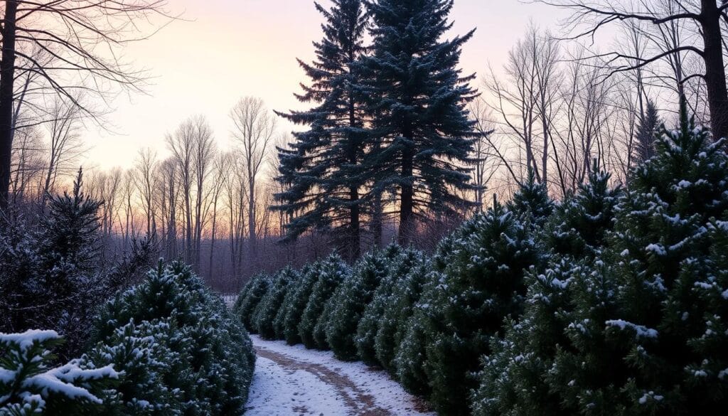 A cozy woodland walk on a snowy Christmas eve. In the foreground, a meandering path lined with lush evergreen shrubs and a sprinkling of delicate snowflakes. Towering pine trees rise in the middle ground, their branches heavy with freshly fallen snow. Soft, warm lighting filters through the canopy, casting a magical glow over the scene. In the distance, the silhouettes of bare deciduous trees stand stark against a pastel sky tinged with hues of pink and lavender. The overall atmosphere is one of tranquility, wonder, and the embracing spirit of the holiday season.