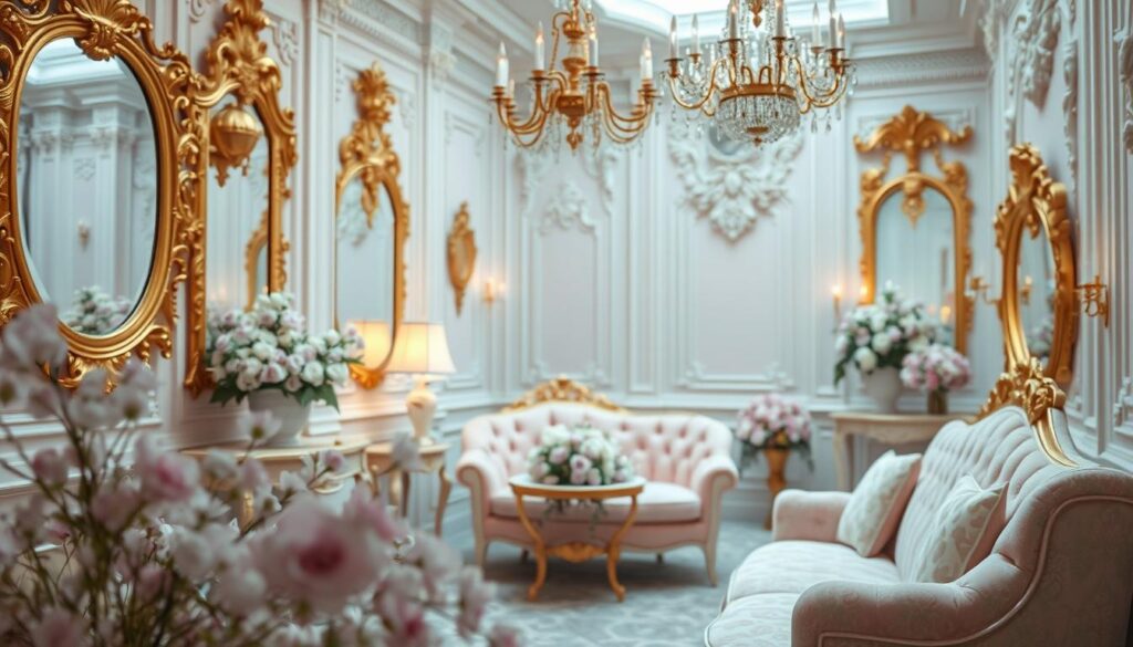 A delicate pastel color palette, with soft hues of pink, lavender, and mint, creating a soothing and whimsical ambiance. The scene is adorned with intricate gold accents, such as gilded frames, mirrors, and decorative elements, adding a touch of elegance and opulence. The lighting is soft and diffused, casting a warm glow over the space, highlighting the rich textures and patterns. In the foreground, delicate floral arrangements add a touch of natural beauty, while the middle ground features ornate furnishings and plush upholstery. The background is filled with ornate architectural details, creating a sense of depth and grandeur. The overall atmosphere evokes a sense of refined and dreamlike Rococo-inspired decor.