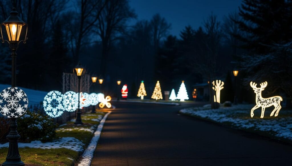 A driveway lined with a series of themed light covers, creating a captivating and festive display. In the foreground, a row of elegant lamp posts adorned with delicate snowflake patterns, casting a warm, inviting glow. The middle ground features a variety of custom-made light covers, each reflecting a unique holiday theme, such as jolly Santa Claus figures, twinkling icicles, and whimsical reindeer silhouettes. In the background, a lush winter landscape with a dusting of snow, setting the scene for a cozy and enchanting Christmas atmosphere. The lighting is soft and diffused, creating a magical, dreamlike ambiance that draws the viewer in and evokes a sense of holiday cheer.