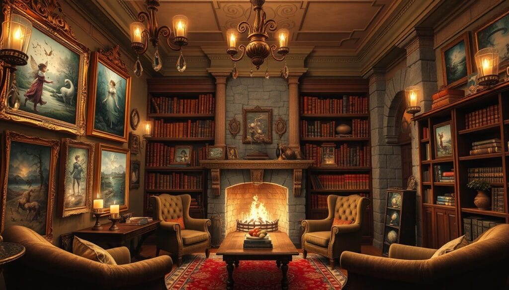 A fantastical gallery wall set in a cozy, magical study. In the foreground, a collection of ornate gilded frames housing whimsical paintings of mythical creatures, fairies, and enchanted landscapes. Floating candles and crystals dangle from the ceiling, casting a warm, ambient glow. In the middle ground, a large, antique wooden bookshelf overflowing with leather-bound tomes and mysterious artifacts. The background features a towering stone fireplace with a crackling fire, surrounded by plush velvet chairs and a Persian rug. The overall scene evokes a sense of wonder, mystery, and the allure of the unknown, perfect for a magical living space.