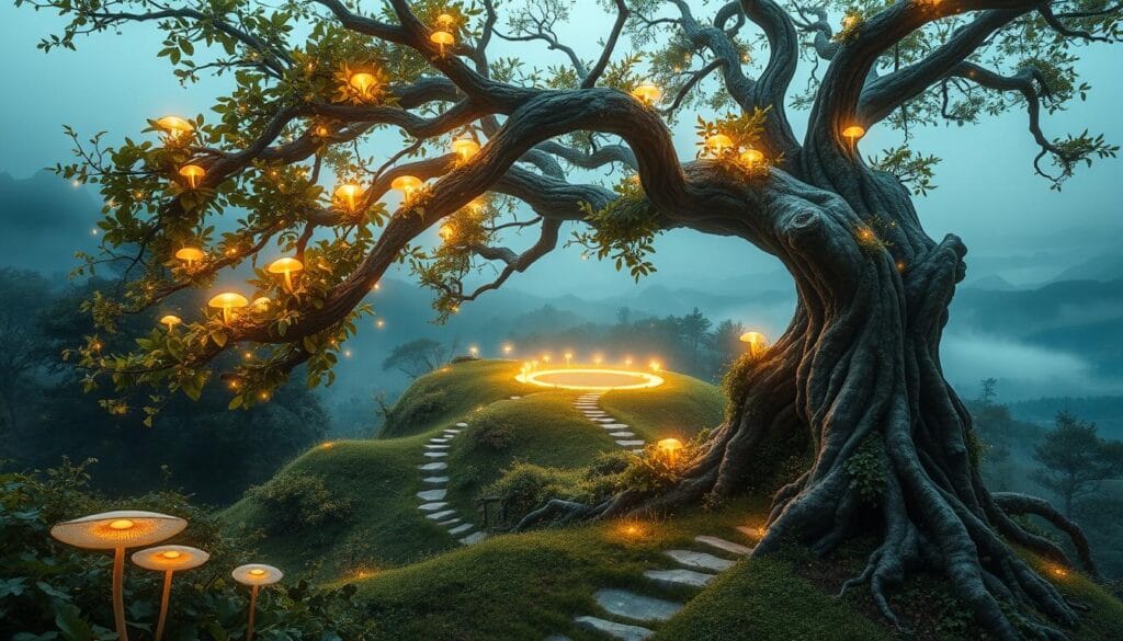 A fantastical wall art piece, featuring an enchanted forest scene. In the foreground, a magnificent tree with twisted, gnarled branches extends its limbs, adorned with shimmering leaves and glowing mushrooms. Ethereal fireflies dance amidst the foliage, casting a warm, otherworldly glow. In the middle ground, hidden pathways wind through the undergrowth, leading to a distant clearing where a luminous fairy circle takes shape. The background is shrouded in a hazy, dreamlike mist, with distant peaks and valleys suggesting a realm of boundless imagination. The composition is balanced, with a sense of depth and mystery, inviting the viewer to step into this captivating, whimsical world.