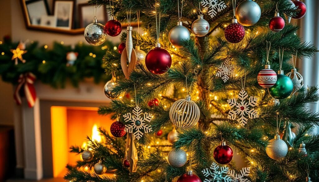 A festive Christmas tree adorned with an array of sparkling ornaments, twinkling lights, and lush garlands. The tree stands tall in a cozy living room, bathed in a warm, golden glow from a fireplace. Elegant glass baubles in various hues of red, green, and silver hang from the branches, catching the light and casting a soft, inviting ambiance. Delicate handmade decorations, such as intricate paper snowflakes and whimsical wooden figurines, add a touch of homemade charm. The scene evokes a sense of holiday cheer and a peaceful, intimate atmosphere, perfect for creating a cozy and inviting Christmas atmosphere in the home.