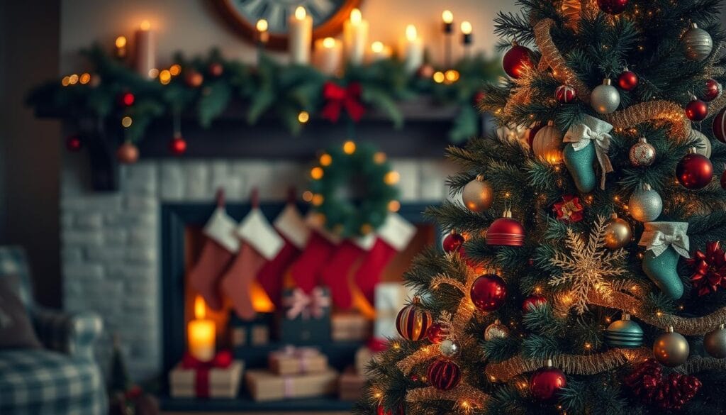 A festive Christmas tree display in a cozy living room setting. In the foreground, a beautifully decorated tree with warm, twinkling lights, garlands, and an assortment of ornaments in traditional red, green, and gold tones. In the middle ground, complementary holiday decor elements like stockings, a wreath, and a few carefully placed gifts. The background features a fireplace with a mantel adorned with candles and evergreen sprigs, creating a intimate, inviting atmosphere. Soft, diffused lighting casts a gentle glow, highlighting the textures and details of the scene. The overall mood is one of holiday cheer, comfort, and a touch of rustic elegance.