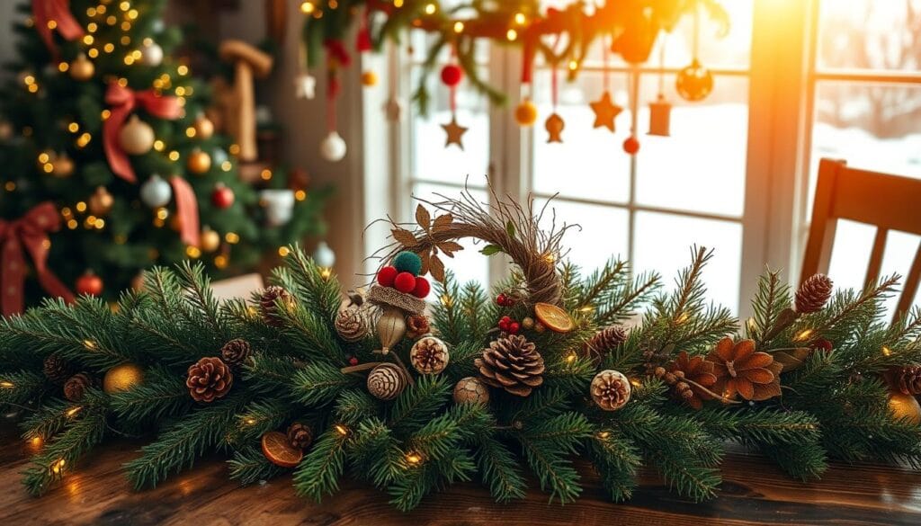 A festive and cozy holiday table setting, featuring an array of handmade Christmas decorations. In the foreground, a rustic wooden table is adorned with a lush evergreen garland, sprinkled with pinecones, dried citrus slices, and twinkling fairy lights. Centered on the table, a charming DIY wreath made from natural materials such as twigs, berries, and greenery, creates a stunning focal point. In the middle ground, a collection of homemade ornaments in various shapes and textures, including clay, paper, and fabric, hang from the garland, adding pops of color and whimsy. The background is bathed in a warm, golden glow, with a large window overlooking a snowy winter landscape, creating a cozy and inviting atmosphere.
