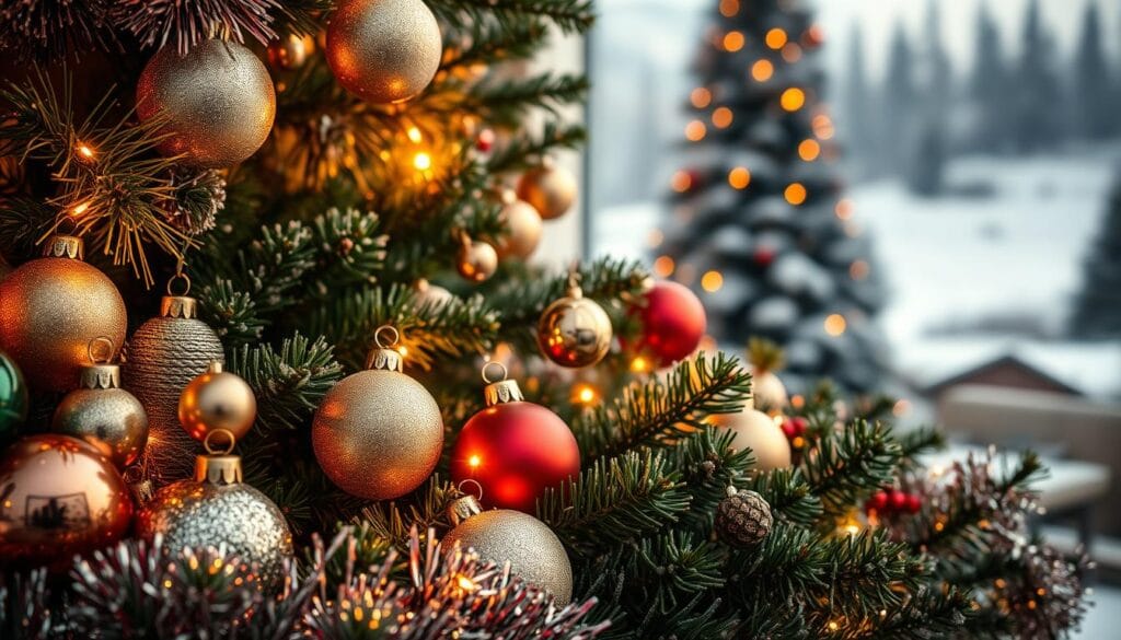 A festive arrangement of holiday tree elements glowing under warm, golden lighting. In the foreground, an assortment of ornaments in a variety of shapes, sizes, and colors - shimmering baubles, sparkling tinsel, and twinkling lights. In the middle ground, lush evergreen boughs, their verdant needles dusted with a light layer of frost. In the background, a towering Christmas tree, its tall, stately silhouette framed against a softly blurred winter landscape. The scene exudes a sense of cozy, joyful celebration, inviting the viewer to imagine the perfect holiday display.