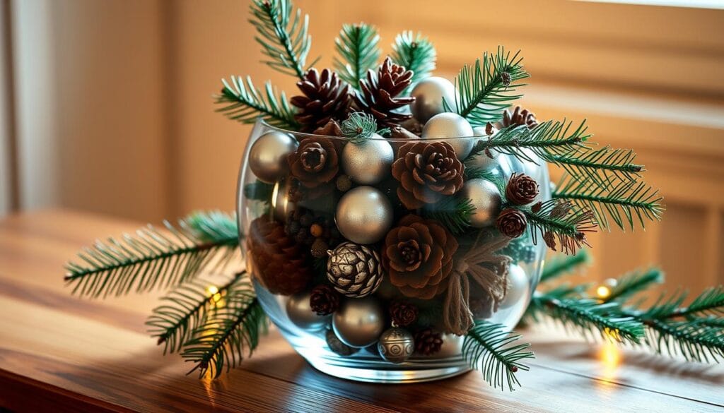 A festive clear glass vase filled with an array of holiday-themed fillers, bathed in warm, soft lighting. The vase rests on a wooden surface, surrounded by pine branches, pinecones, and a sprinkling of metallic ornaments. The composition evokes a cozy, inviting atmosphere, perfect for adorning a mantelpiece or side table during the Christmas season. Subtle shadows and highlights add depth and dimension, while the transparent vase allows the contents to shine. The overall scene captures the essence of a harmonious, visually appealing holiday vase decor.