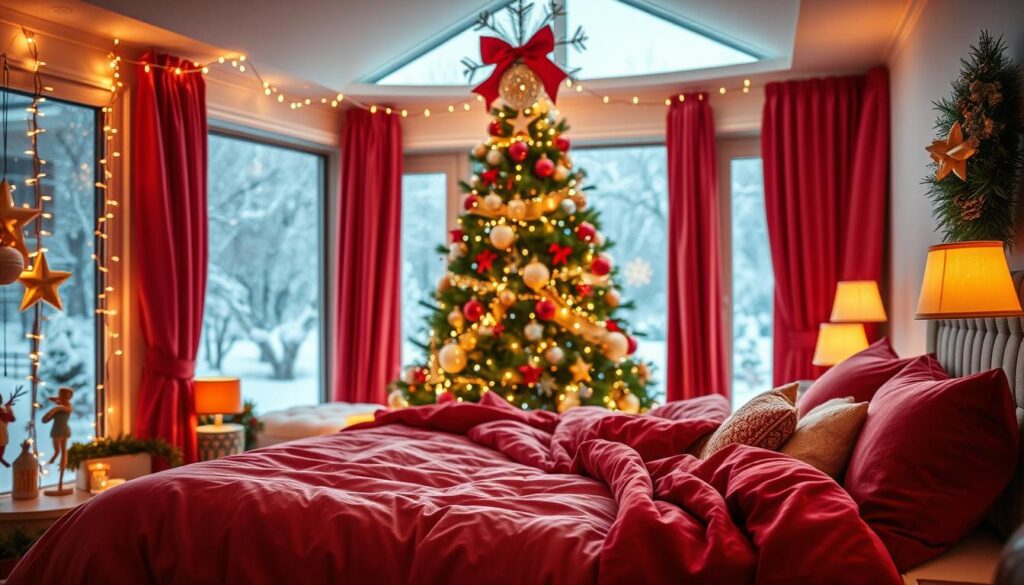 A festive color palette filling a cozy bedroom, bathed in warm, soft lighting. Vibrant reds, greens, and golds cascade across the scene, with plush textiles, twinkling fairy lights, and glimmering ornaments creating a magical ambiance. In the foreground, a luxurious velvet headboard frames the bed, accented by pops of holiday hues in the bedding and accessories. The middle ground features a beautiful Christmas tree adorned with sparkling decorations, its branches reaching towards the ceiling. In the background, a large window frames a snowy winter landscape, adding to the enchanting, festive atmosphere.