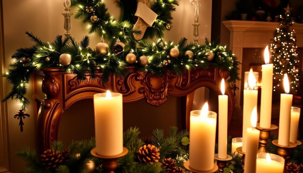A festive console decor scene, showcasing an ornate console table adorned with a lush garland, twinkling fairy lights, and an array of glittering ornaments. In the foreground, a collection of elegant candles in varying heights cast a warm, inviting glow. The middle ground features a mix of seasonal greenery, pinecones, and a pair of decorative stockings hung on the wall above the console. The background is a cozy, dimly lit living room setting, with a roaring fireplace and a glimpse of a Christmas tree in the distance, creating a harmonious, holiday-inspired atmosphere.