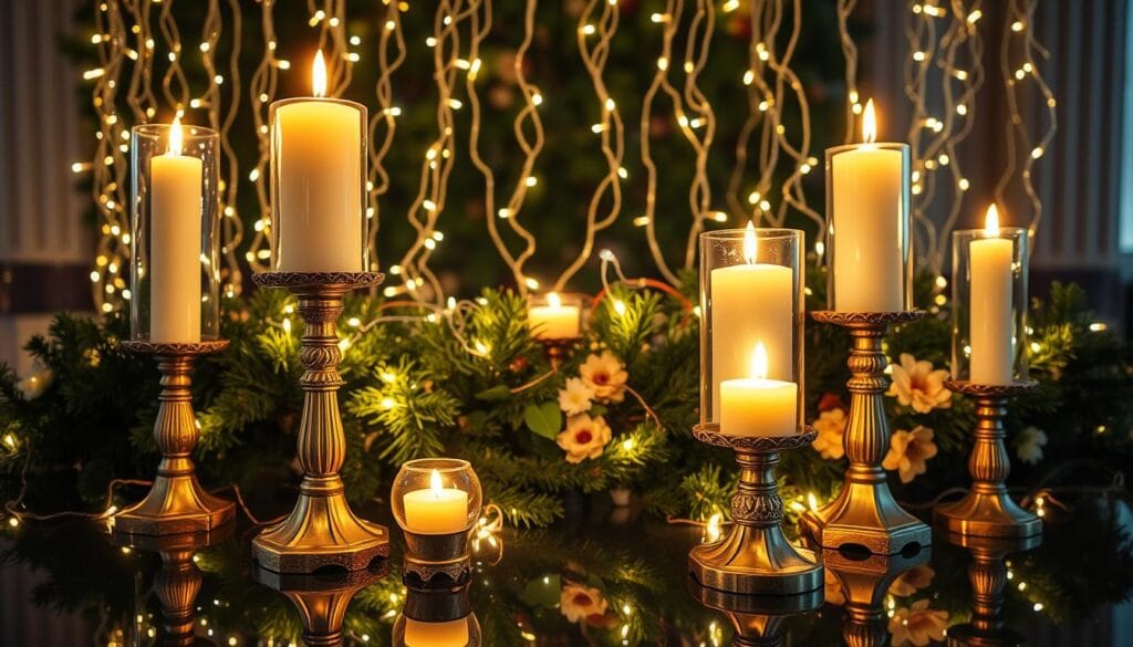A festive display of lush, cascading fairy lights intertwined with an arrangement of tall, flickering candles in ornate holders. The candles cast a warm, inviting glow that illuminates the scene, creating a cozy and enchanting atmosphere. In the foreground, the candles are set upon a reflective surface, doubling their radiance. The middle ground features the fairy lights weaving through a mix of evergreen boughs and delicate floral accents, lending a touch of natural elegance. The background is softly blurred, allowing the luminous display to take center stage. Captured with a wide-angle lens to showcase the full scope of this mesmerizing, holiday-inspired tableau.
