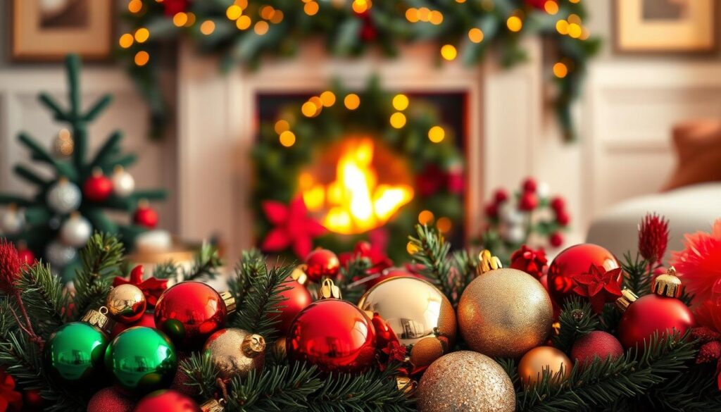 A festive display of vibrant color palettes, illuminated by warm, soft lighting. In the foreground, an elegant arrangement of holiday ornaments in a variety of hues - ruby red, emerald green, gold, and silver. The middle ground features lush, textured garlands and wreaths, their colors complementing the ornaments. In the background, a cozy fireplace casts a gentle glow, creating a welcoming, inviting atmosphere. The overall composition evokes a sense of holiday cheer and a spirit of celebration, perfect for setting the mood in any Christmas-themed space.