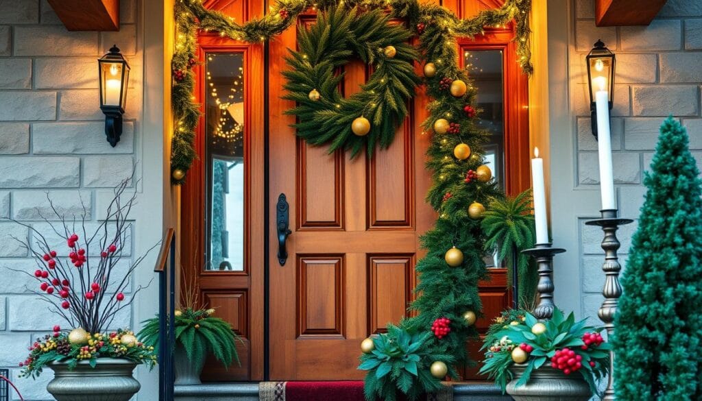A festive entryway with a grand wooden door, adorned with a lush evergreen wreath and twinkling string lights. A warm glow emanates from within, casting a cozy ambiance. Seasonal potted plants flank the entry, their vibrant colors and textures complementing the natural wood accents. A winding garland trails up the staircase, its green boughs interspersed with red berries and golden ornaments. Soft, diffused lighting highlights the intricate details, creating a welcoming and enchanting holiday atmosphere. A pair of tall, elegant candles stand guard, their flickering flames adding to the magical scene. This entryway sets the stage for a truly festive and inviting holiday experience.