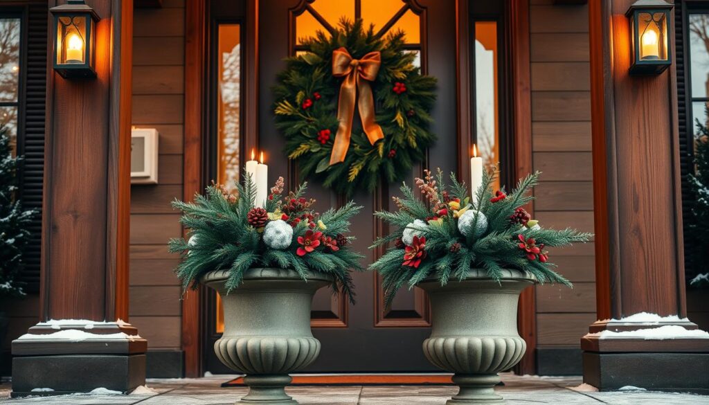 A festive front door display, adorned with a lush wreath of pine, holly, and ribbon bows. A pair of tall, flickering candles flanking the entryway, casting a warm, inviting glow. In the foreground, a pair of elegant planter urns overflowing with seasonal florals and evergreen sprigs. The entryway is framed by sturdy, wooden pillars, their surfaces textured with a light dusting of snow. Soft, golden light filters through the windows, illuminating the display and creating a cozy, welcoming atmosphere. The scene is captured from a low, frontal angle, emphasizing the grandeur and charm of this carefully curated holiday display.