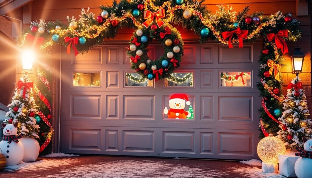 A festive garage door adorned with an array of colorful holiday decorations. In the foreground, a large wreath with shimmering ornaments and twinkling LED lights hangs proudly. Garlands with vibrant ribbons and bows cascade down the sides, framing the entrance. The middle ground features oversized holiday-themed inflatables, their cheerful expressions illuminated by warm, soft lighting. In the background, a dusting of fresh snow covers the ground, creating a serene, winter wonderland atmosphere. The scene is captured with a wide-angle lens, highlighting the full grandeur of the garage door's holiday transformation, bathed in a magical, golden glow.