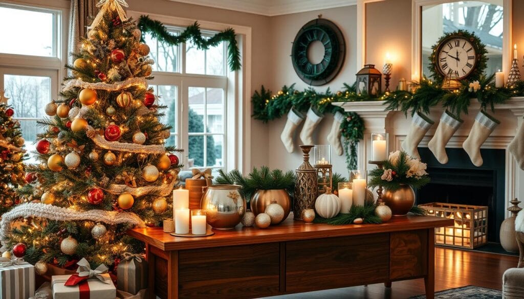 A festive holiday console display featuring a warm, cozy ambiance. In the foreground, a richly decorated Christmas tree stands tall, its branches adorned with twinkling lights, ornaments, and a shimmering tree topper. Surrounding the tree, an assortment of holiday-themed decor, including a set of elegantly wrapped gifts, a cozy knitted throw, and an array of candles casting a soft, flickering glow. In the middle ground, a polished wood console table supports a collection of decorative vases, pine garlands, and a statement piece, such as a large vintage clock or a seasonal floral arrangement. The background features a warm, inviting living room setting, with a fireplace mantel decorated with stockings and evergreen garlands, and large windows allowing natural light to filter in, creating a sense of warmth and festivity.