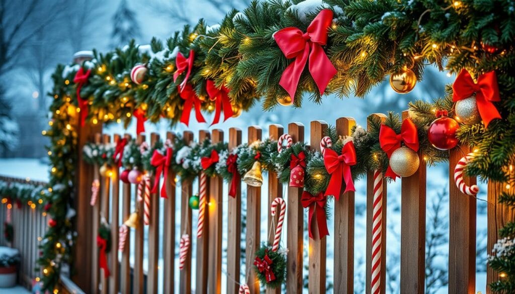 A festive holiday fence adorned with a variety of Christmas decorations. In the foreground, lush evergreen garlands draped elegantly along the top of the fence, interspersed with vibrant red bows and twinkling fairy lights. The middle ground features an array of colorful ornaments, candy canes, and bells hanging from the fence posts, creating a whimsical and inviting display. In the background, a snow-dusted winter landscape sets the scene, with a warm, soft lighting illuminating the entire composition. The overall atmosphere is one of cozy, festive charm, perfectly capturing the spirit of the holiday season.