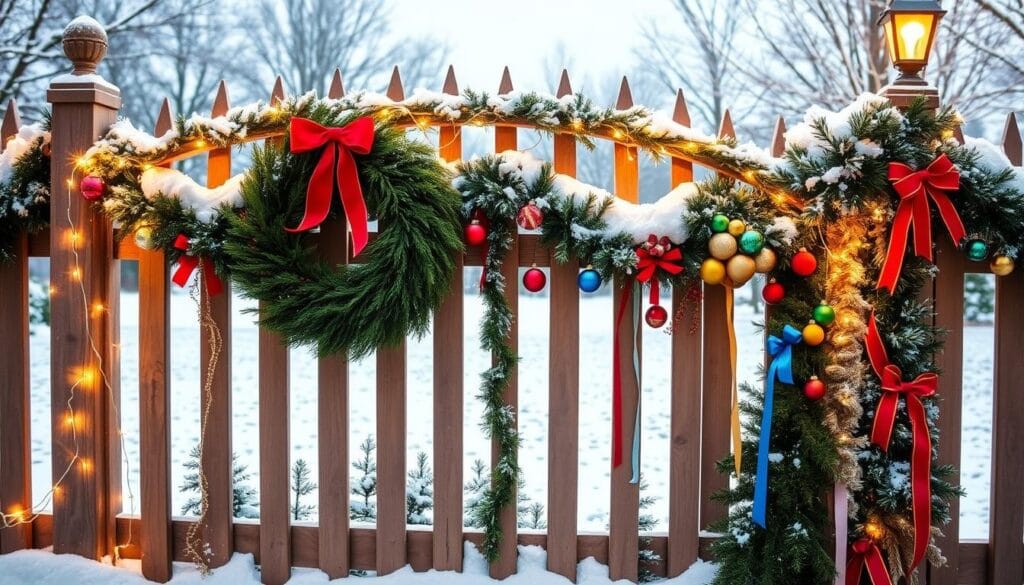 A festive holiday fence adorned with a variety of vibrant seasonal decorations, set against a snowy winter landscape. In the foreground, a traditional wreath with a prominent red bow hangs from the center of the fence, flanked by shimmering string lights that trace the fence's elegant curves. The middle ground features an array of colorful ornaments, garlands, and ribbons cascading down the fence panels, creating a dazzling display. In the background, a dusting of pristine white snow covers the ground, adding a cozy, magical atmosphere. The lighting is warm and inviting, with a soft, diffused glow illuminating the scene. The overall composition captures the essence of holiday cheer and festive flair, perfectly complementing the "Top Holiday Fence Decorating Trends" theme.