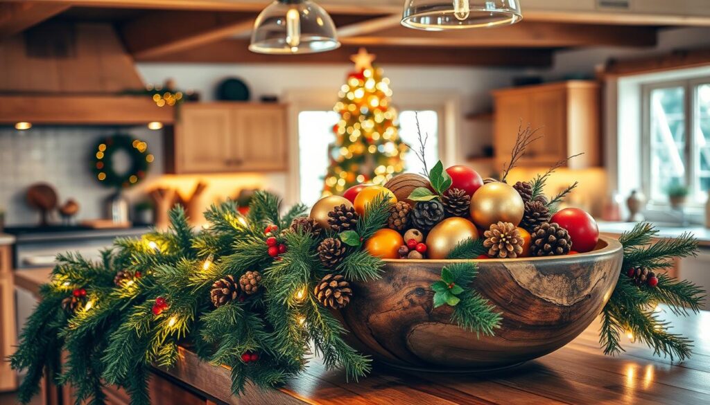 A festive holiday kitchen island centerpiece, bathed in warm, inviting lighting. In the foreground, a lush, fragrant evergreen garland cascades across the island's surface, adorned with delicate ornaments, twinkling fairy lights, and sprigs of fresh holly. In the middle ground, a large, rustic wooden bowl overflows with an abundant display of seasonal fruits, nuts, and pinecones. The background features a cozy, country-style kitchen, with exposed beams, warm wood tones, and a glimpse of a twinkling Christmas tree in the distance. The overall mood is one of festive, homey comfort, perfectly capturing the spirit of the holiday season.