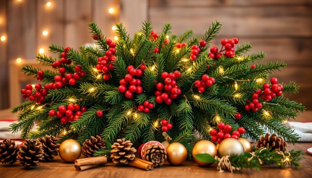 A festive holiday table centerpiece, featuring a lush arrangement of evergreen foliage, red berries, and twinkling fairy lights. The centerpiece is set against a backdrop of a rustic wooden table, with a soft, warm glow from the ambient lighting. In the foreground, there are pinecones, cinnamon sticks, and a sprinkling of gold and silver ornaments, adding a touch of holiday sparkle. The overall scene exudes a cozy, inviting atmosphere, perfect for a memorable holiday meal with loved ones.