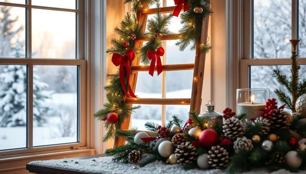A festive ladder adorned with twinkling fairy lights, delicate garlands of evergreen and crimson ribbons. The ladder stands proud, casting a warm, cozy glow against a backdrop of a snow-dusted winter landscape. Soft natural light filters through the windows, casting a magical ambiance. In the foreground, an array of ornaments, pinecones, and festive accents are arranged artfully, creating a captivating vignette. The overall scene exudes a sense of rustic elegance and holiday cheer, perfectly setting the stage for a truly festive Christmas display.